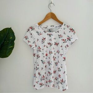 Floral Patterned White Tee With Pink, Blue, Green Size Medium